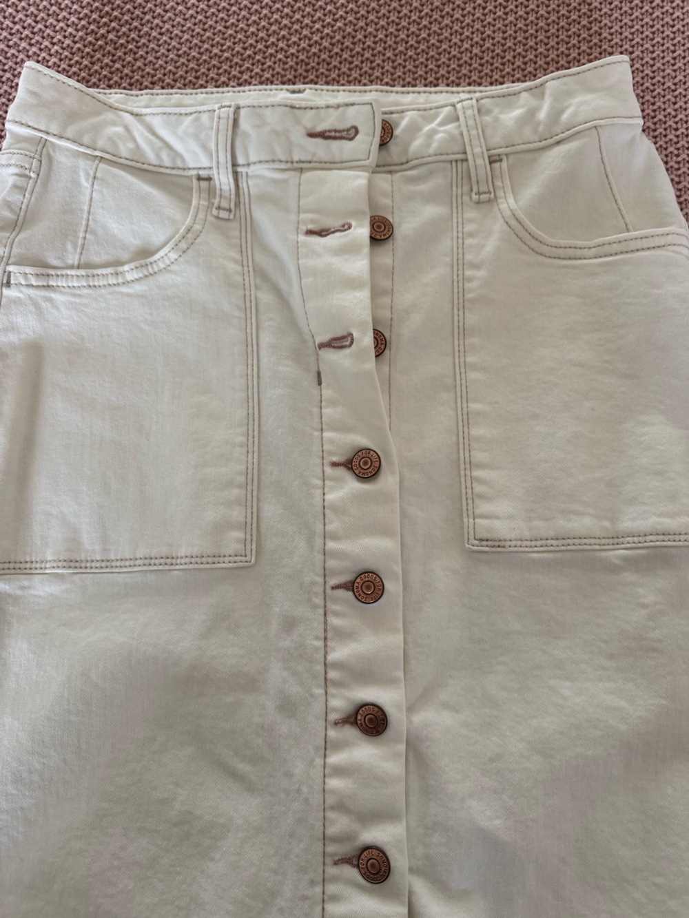 Sonoma White Stretch Denim Skirt with Copper-Tone Buttons